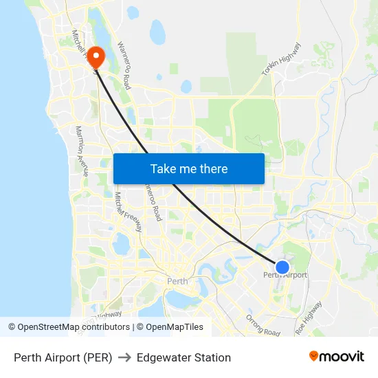 Perth Airport (PER) to Edgewater Station map