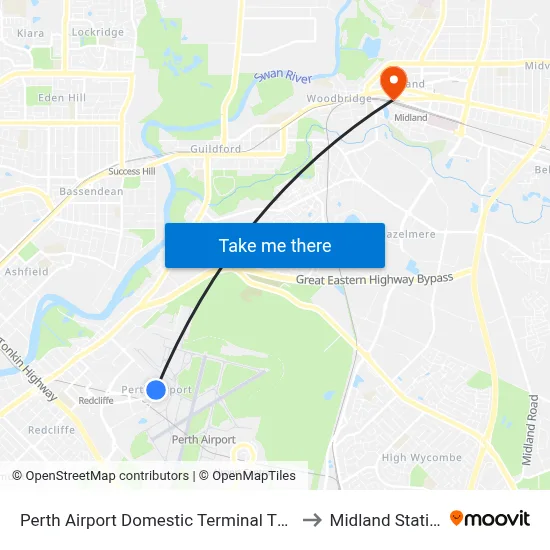 Perth Airport Domestic Terminal T3 T4 to Midland Station map