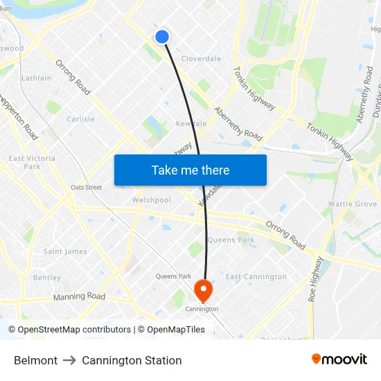 Belmont to Cannington Station map