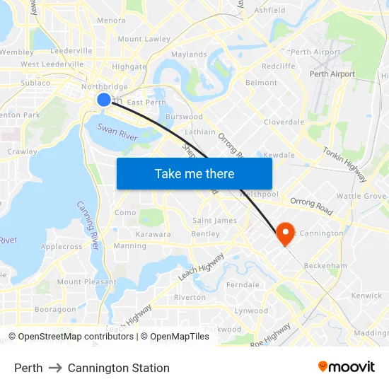 Perth to Cannington Station map