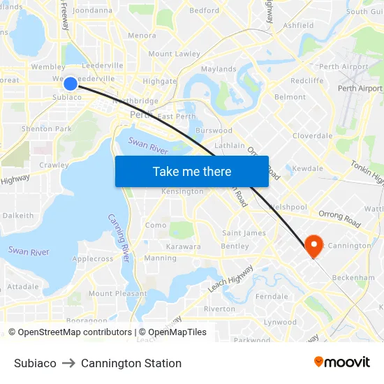 Subiaco to Cannington Station map