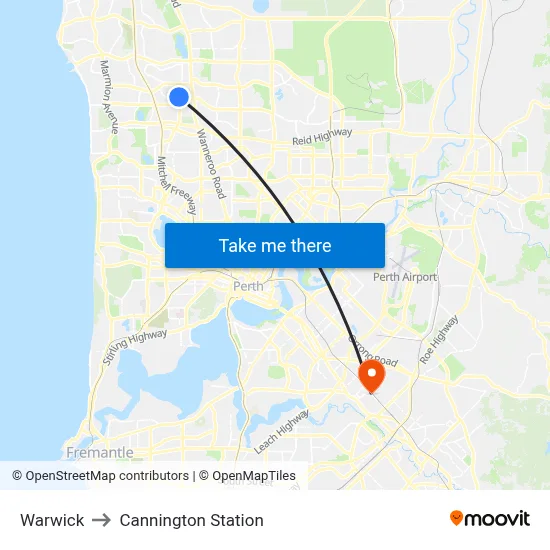 Warwick to Cannington Station map