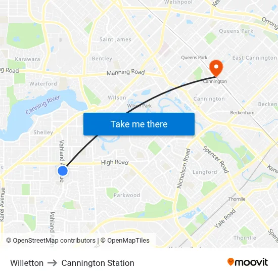 Willetton to Cannington Station map