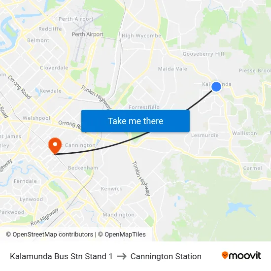 Kalamunda Bus Stn Stand 1 to Cannington Station map