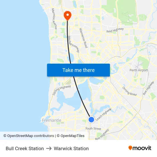 Bull Creek Station to Warwick Station map