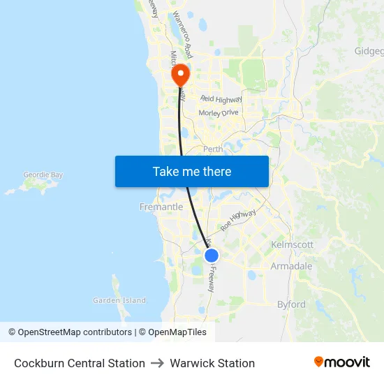 Cockburn Central Station to Warwick Station map