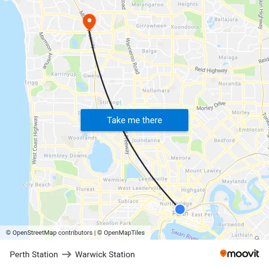 Perth Station to Warwick Station map