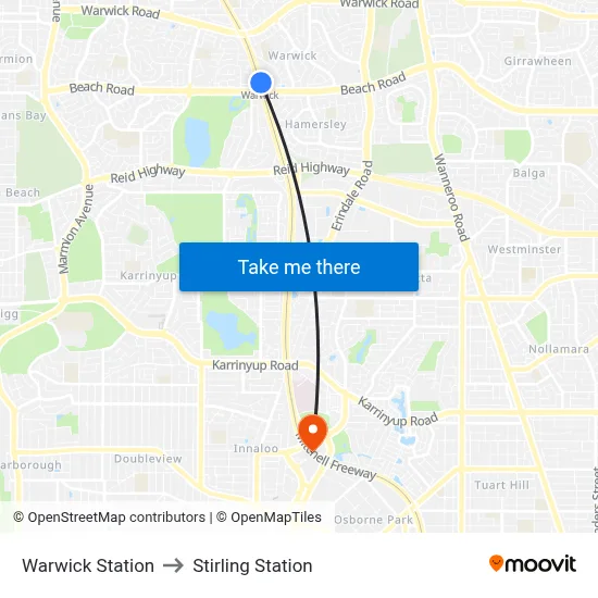 Warwick Station to Stirling Station map