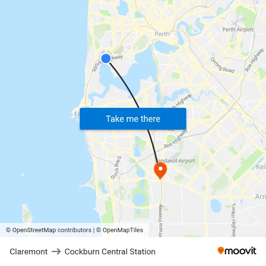Claremont to Cockburn Central Station map