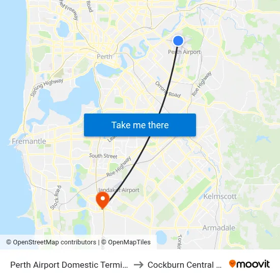 Perth Airport Domestic Terminal T3 T4 to Cockburn Central Station map