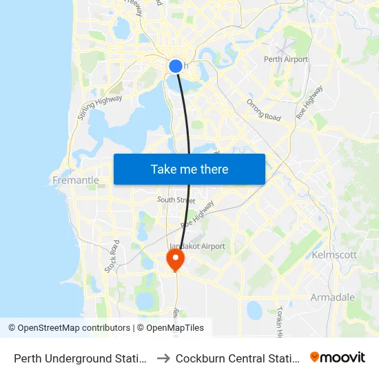 Perth Underground Station to Cockburn Central Station map