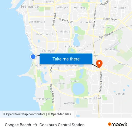 Coogee Beach to Cockburn Central Station map