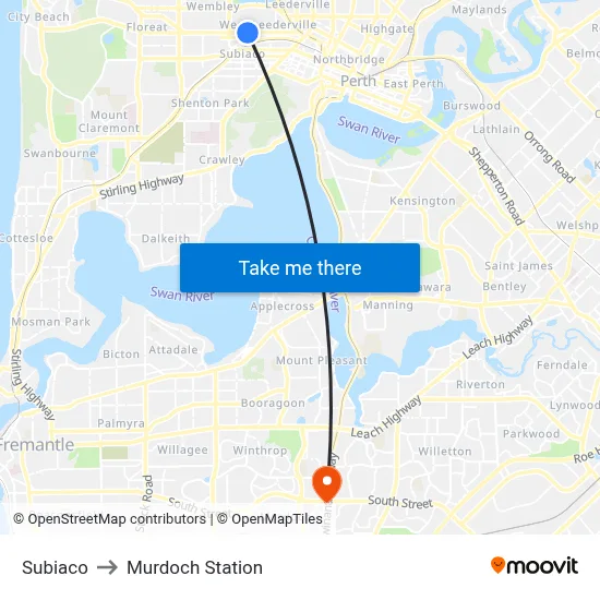 Subiaco to Murdoch Station map