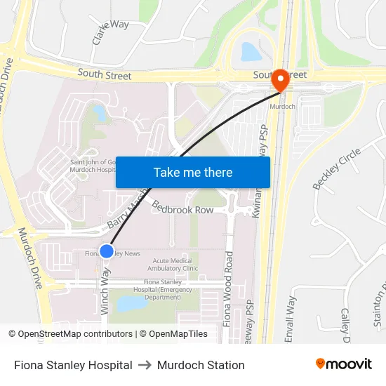 Fiona Stanley Hospital to Murdoch Station map