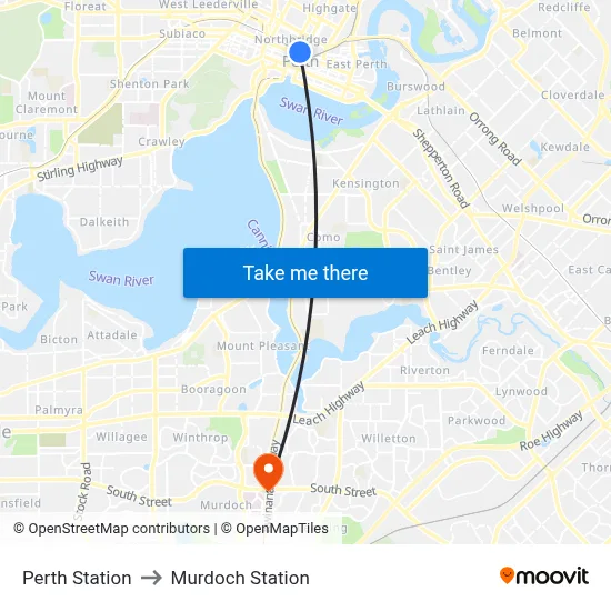 Perth Station to Murdoch Station map