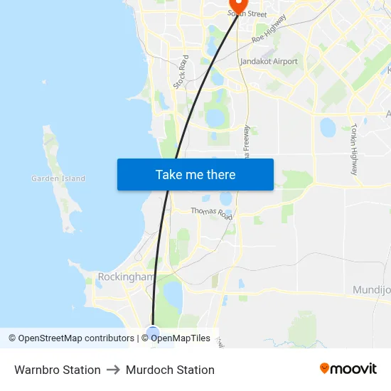 Warnbro Station to Murdoch Station map