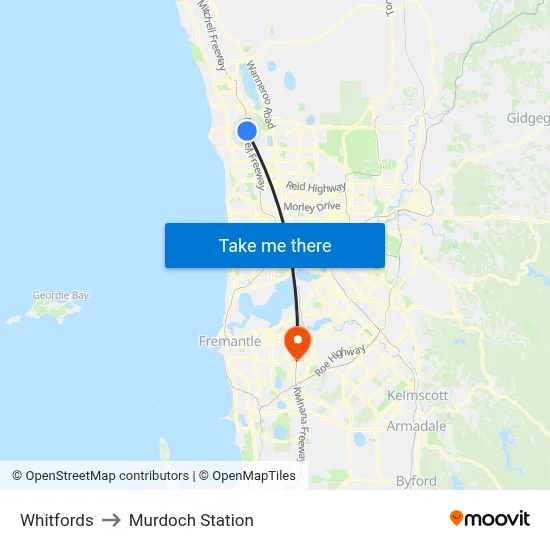 Whitfords to Murdoch Station map