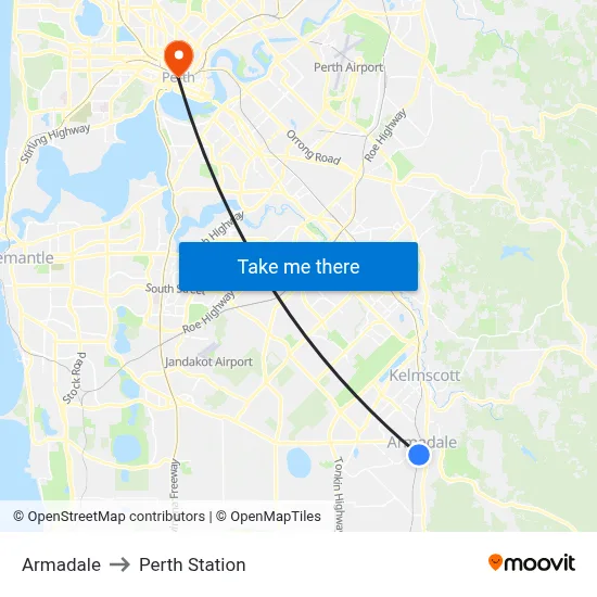 Armadale to Perth Station map