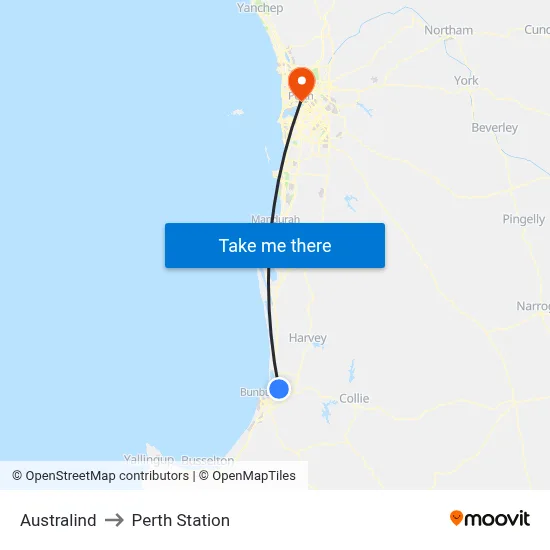 Australind to Perth Station map