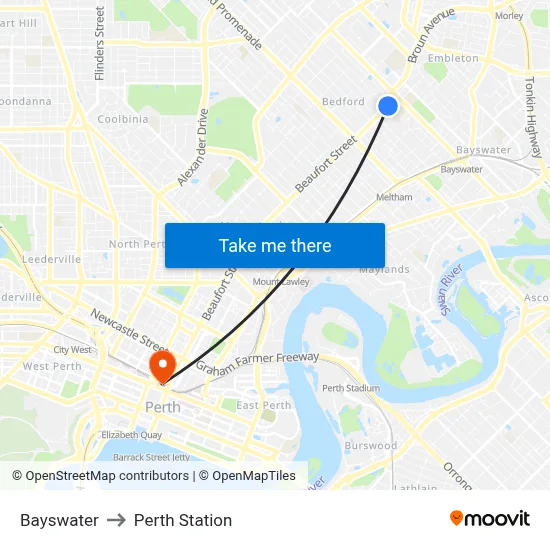Bayswater to Perth Station map