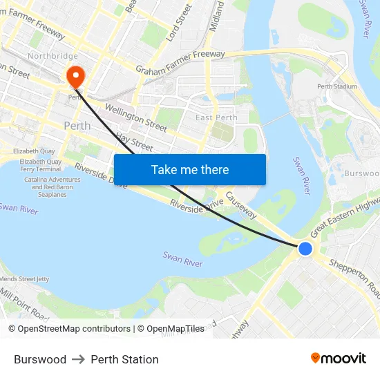 Burswood to Perth Station map