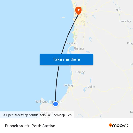 Busselton to Perth Station map