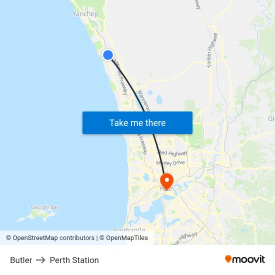 Butler to Perth Station map