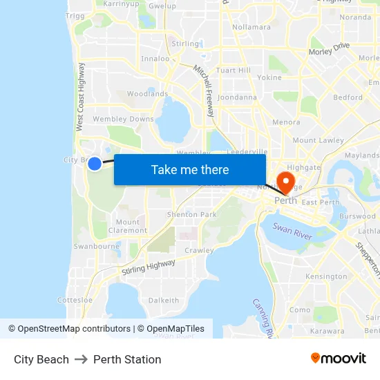 City Beach to Perth Station map