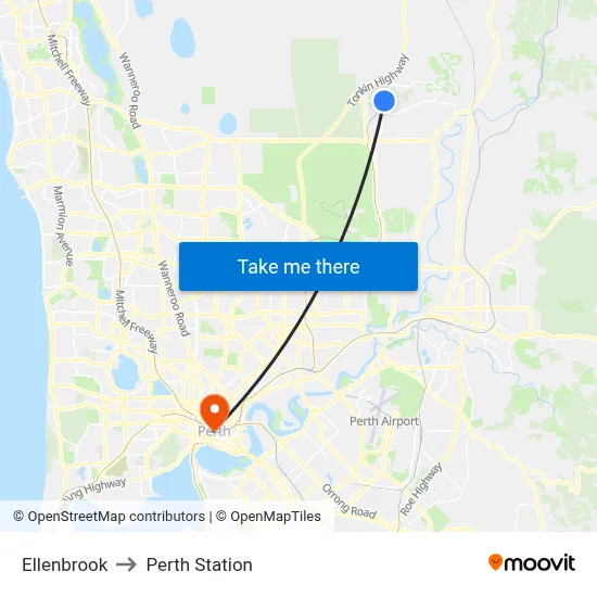 Ellenbrook to Perth Station map