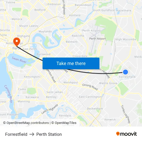 Forrestfield to Perth Station map