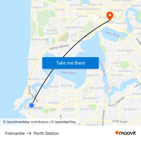Fremantle to Perth Station map