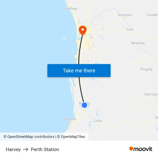 Harvey to Perth Station map