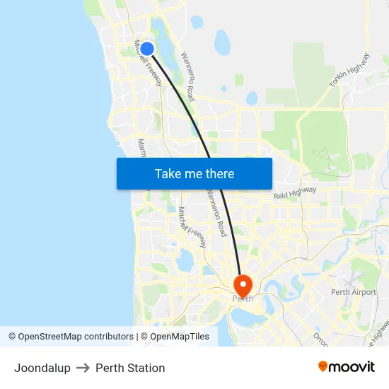 Joondalup to Perth Station map