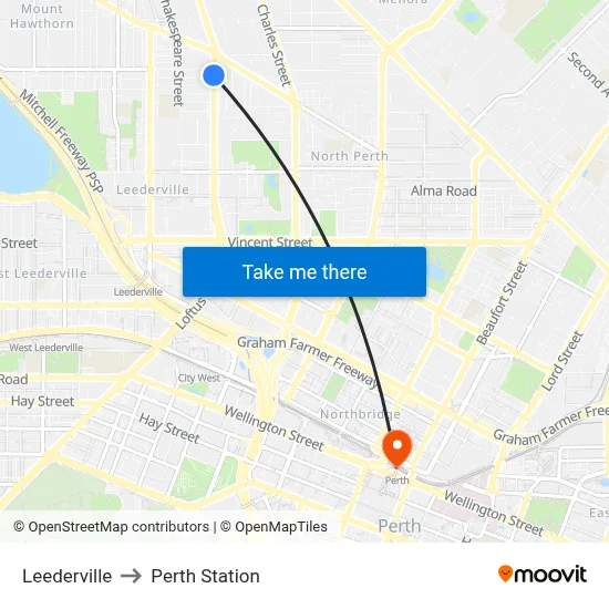 Leederville to Perth Station map