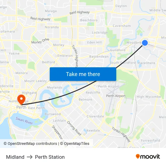 Midland to Perth Station map