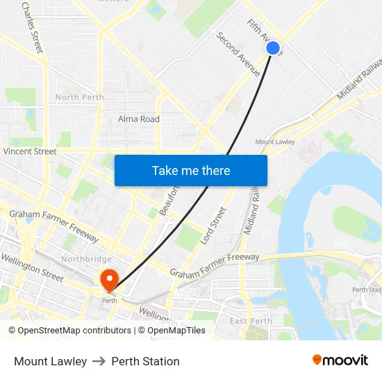 Mount Lawley to Perth Station map