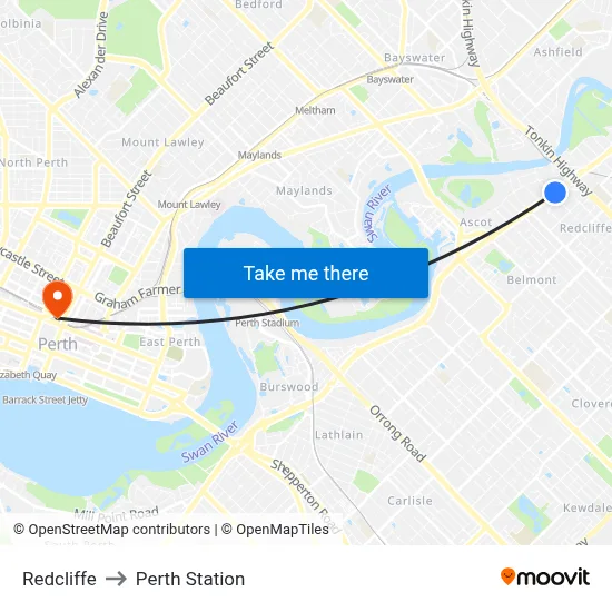 Redcliffe to Perth Station map