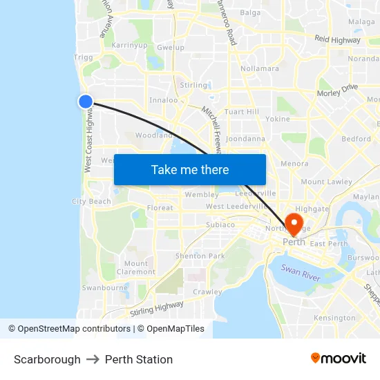 Scarborough to Perth Station map