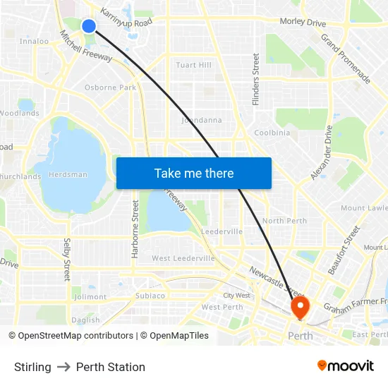 Stirling to Perth Station map