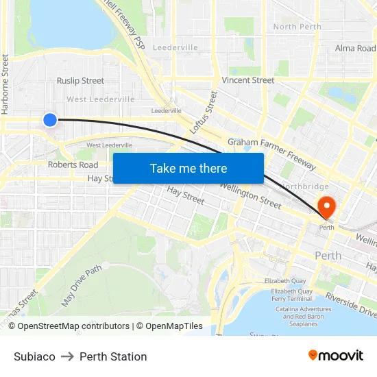 Subiaco to Perth Station map