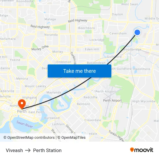 Viveash to Perth Station map