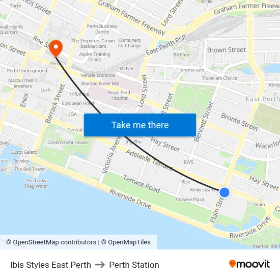 Ibis Styles East Perth to Perth Station map
