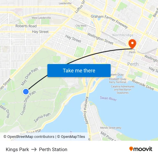 Kings Park to Perth Station map