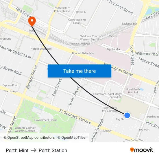 Perth Mint to Perth Station map