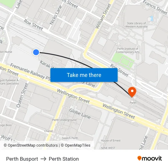 Perth Busport to Perth Station map