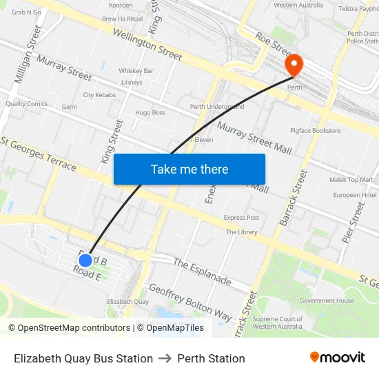 Elizabeth Quay Bus Station to Perth Station map