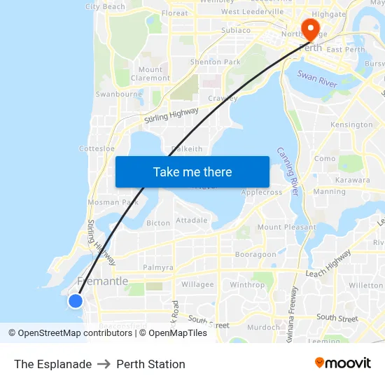 The Esplanade to Perth Station map