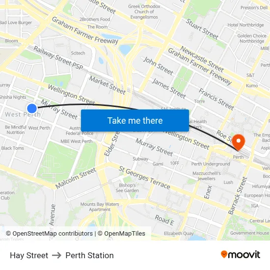Hay Street to Perth Station map