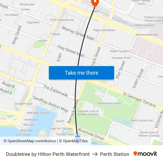 Doubletree by Hilton Perth Waterfront to Perth Station map