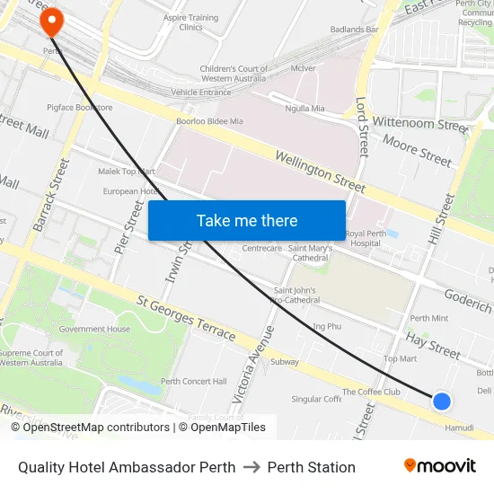 Quality Hotel Ambassador Perth to Perth Station map